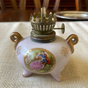 VTG porcelain romantic scene mini oil lamp 4” tall